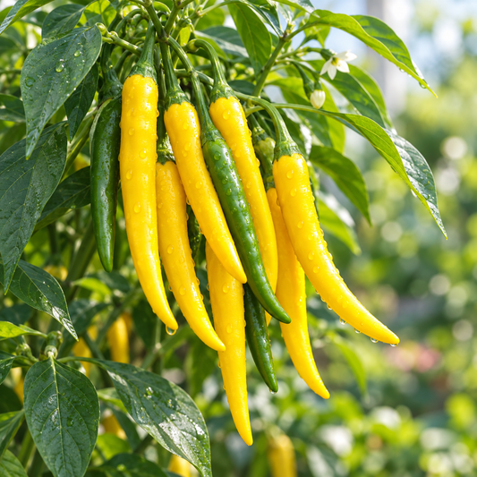 Romanian Giallo Sweet Pepper plant with green and golden-yellow mature fruits – yellow Capsicum annuum seeds for home gardening in Pakistan