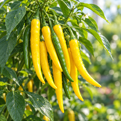 Romanian Giallo Sweet Pepper plant with green and golden-yellow mature fruits – yellow Capsicum annuum seeds for home gardening in Pakistan