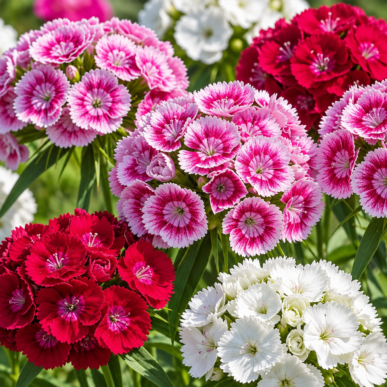 Sweet William Dianthus barbatus Floriada Mix with pink red crimson white and bi-colour clustered flowers – winter flower seeds for gardens and grow bags in Pakistan
