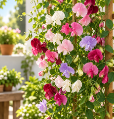 Fragrant multicolour Sweet Pea Lathyrus odoratus flowers climbing on a trellis – winter flowering vine seeds for grow bags, arches and cut-flower gardens in Pakistan