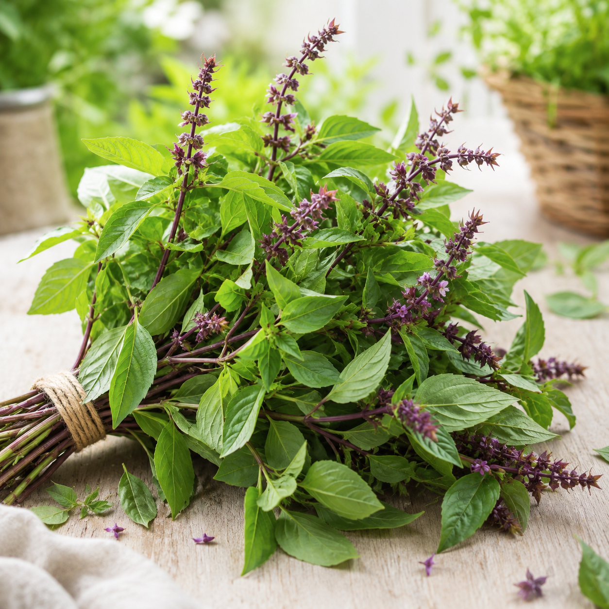 Thai Basil plant with fresh green aromatic leaves – Ocimum basilicum culinary herb seeds for home gardening in Pakistan