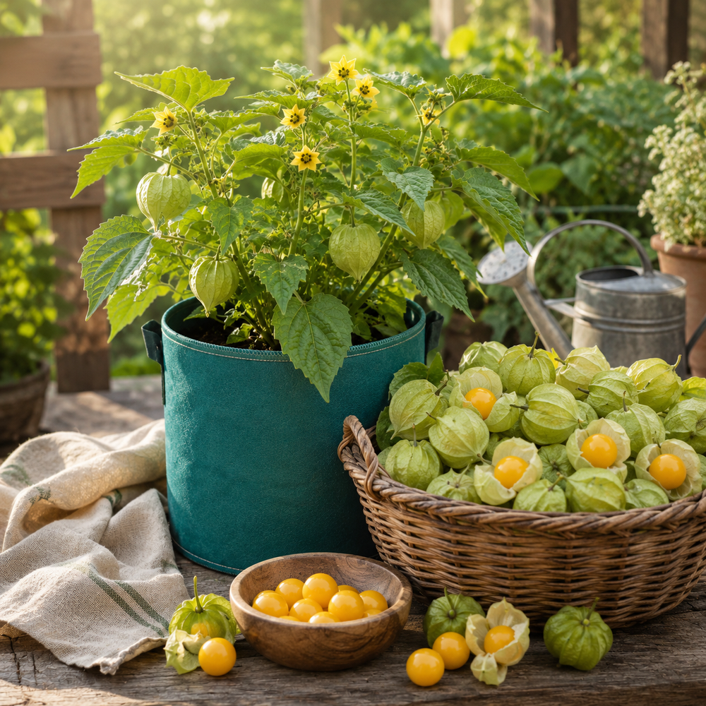 Green tomatillo fruits enclosed in papery husks on a healthy branching plant – Mexican husk tomato seeds for home gardening in Pakistan