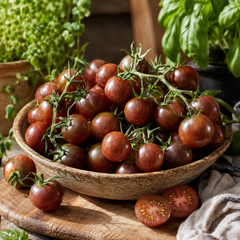 Black Opal indeterminate cherry tomatoes with dark mahogany-purple round fruits on vigorous vines – exotic tomato seeds for home gardening in Pakistan