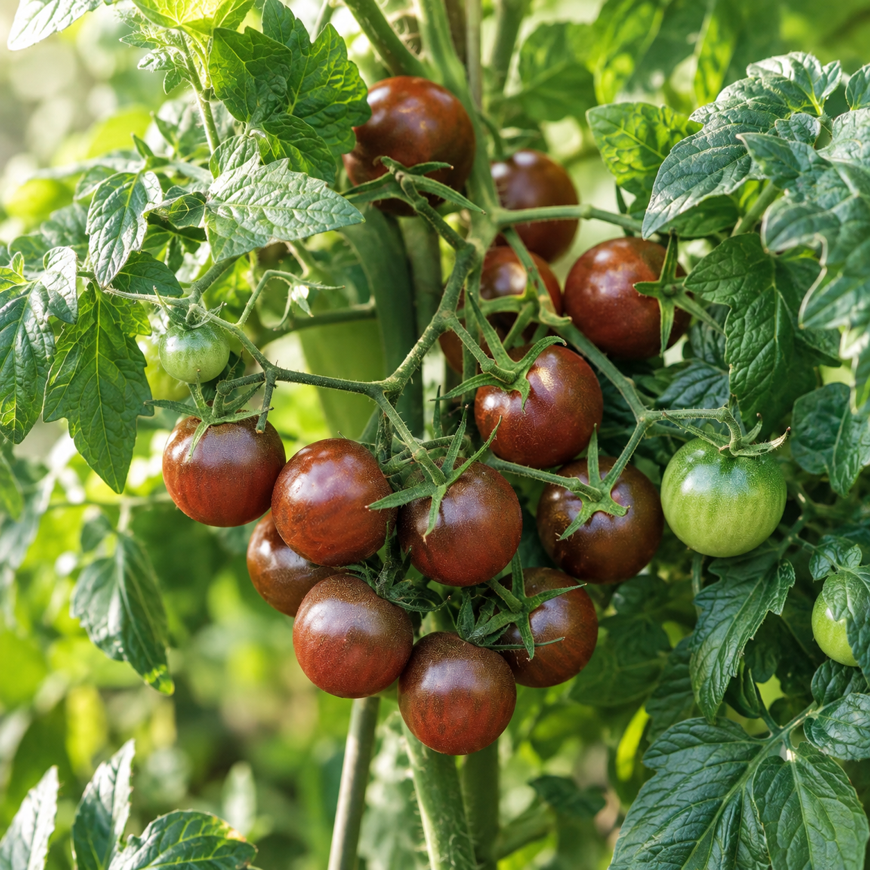 Black Opal indeterminate cherry tomatoes with dark mahogany-purple round fruits on vigorous vines – exotic tomato seeds for home gardening in Pakistan