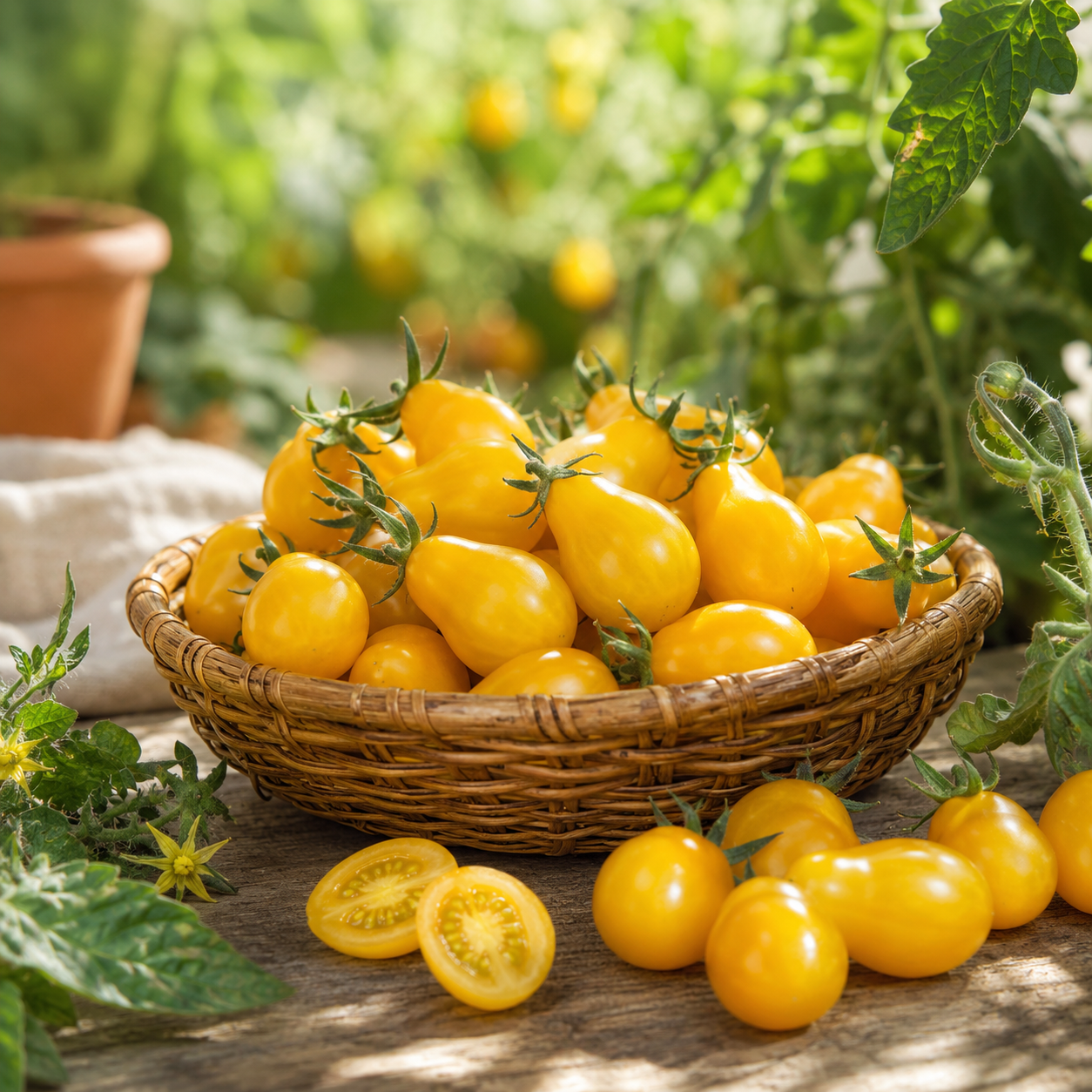 Yellow Pear cherry tomatoes with bright yellow pear-shaped fruits on an indeterminate tomato vine – tomato seeds for home gardening in Pakistan