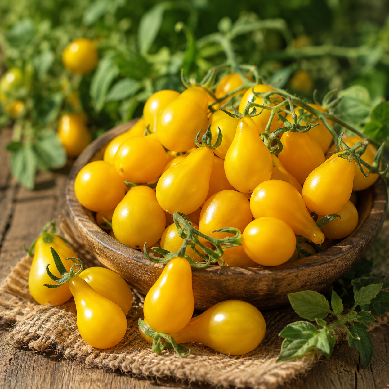 Yellow Pear cherry tomatoes with bright yellow pear-shaped fruits on an indeterminate tomato vine – tomato seeds for home gardening in Pakistan
