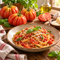 Canestrino di Lucca Italian heirloom tomato plant with large red pear-shaped deeply ribbed meaty fruits growing on healthy supported vines – tomato seeds Pakistan