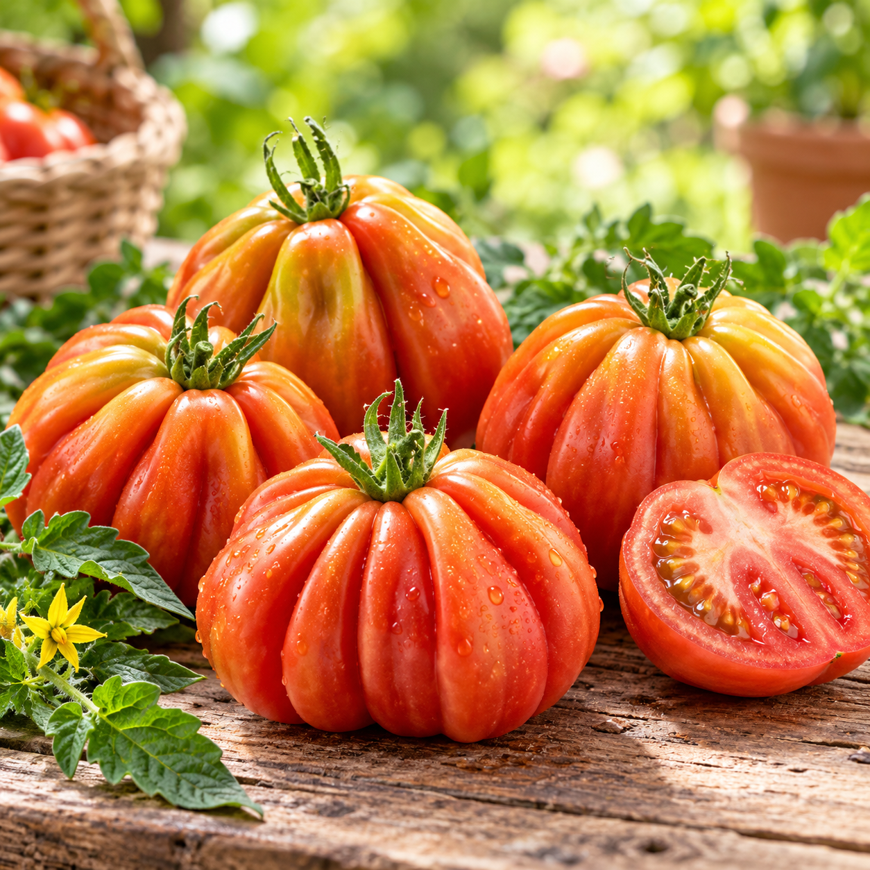 Canestrino di Lucca Italian heirloom tomato plant with large red pear-shaped deeply ribbed meaty fruits growing on healthy supported vines – tomato seeds Pakistan