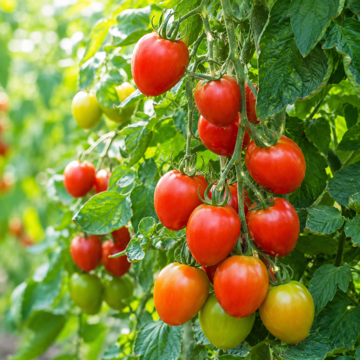 Sahel F1 Hybrid red tomatoes growing on a vigorous indeterminate vine – tomato seeds for trellis, grow bags and home gardening in Pakistan