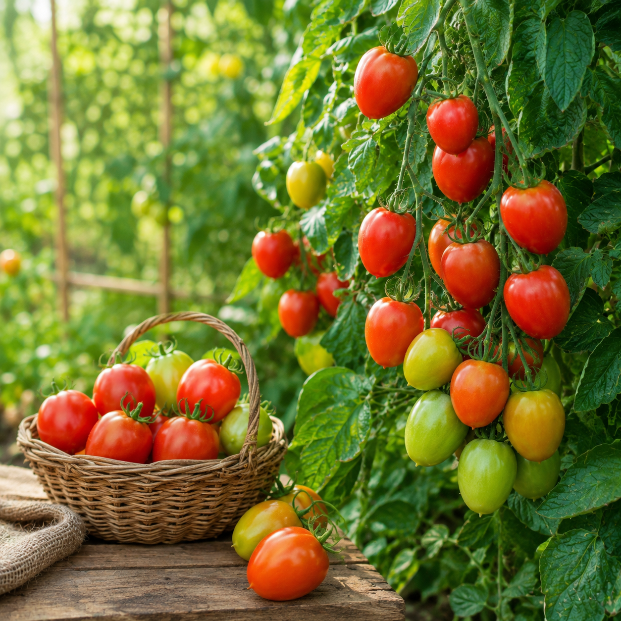 Sahel F1 Hybrid red tomatoes growing on a vigorous indeterminate vine – tomato seeds for trellis, grow bags and home gardening in Pakistan