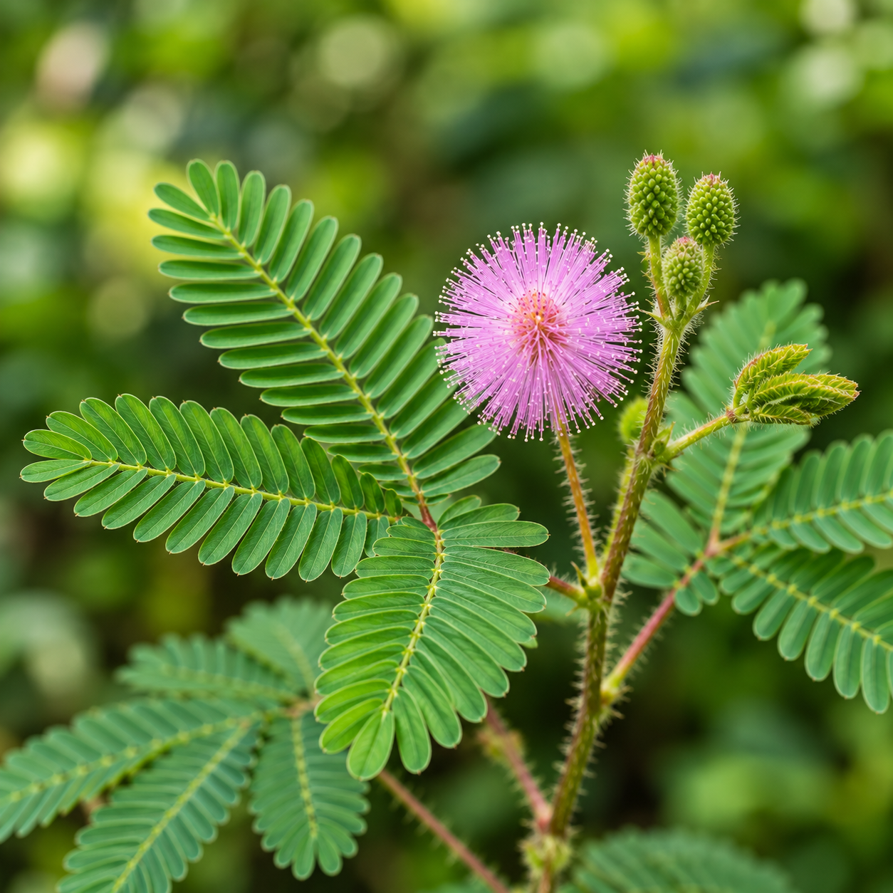 Touch Me Not Mimosa pudica with touch-sensitive green leaves and pink-purple fluffy flowers – seeds for pots and grow bags in Pakistan