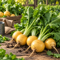 Golden Ball Turnip with smooth round yellow roots and golden-yellow flesh – winter turnip seeds for home gardening in Pakistan