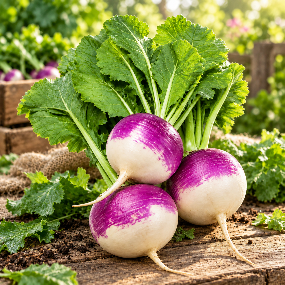 Healthy Purple Top Turnip with smooth purple and white round roots and crisp white flesh – winter turnip seeds for home gardening in Pakistan