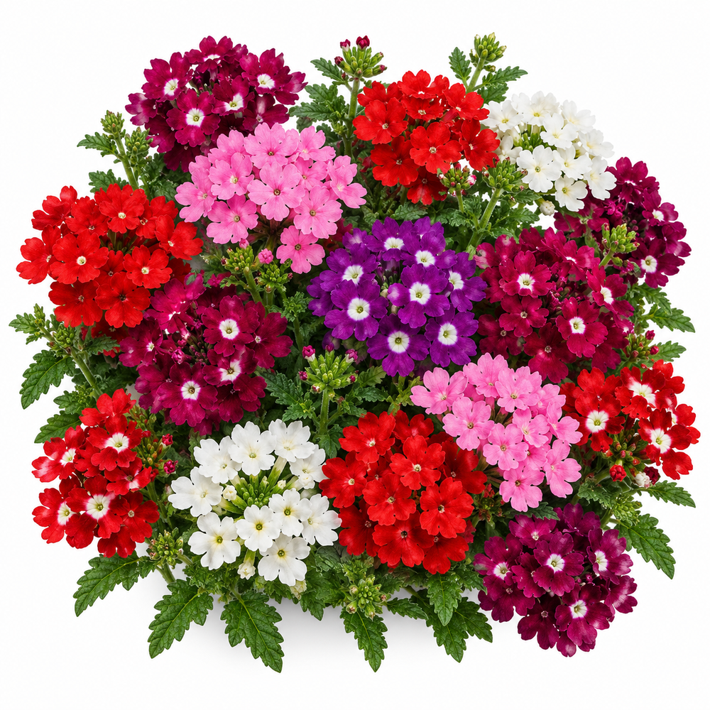 Mixed-colour Verbena flower clusters and green foliage isolated on a white background