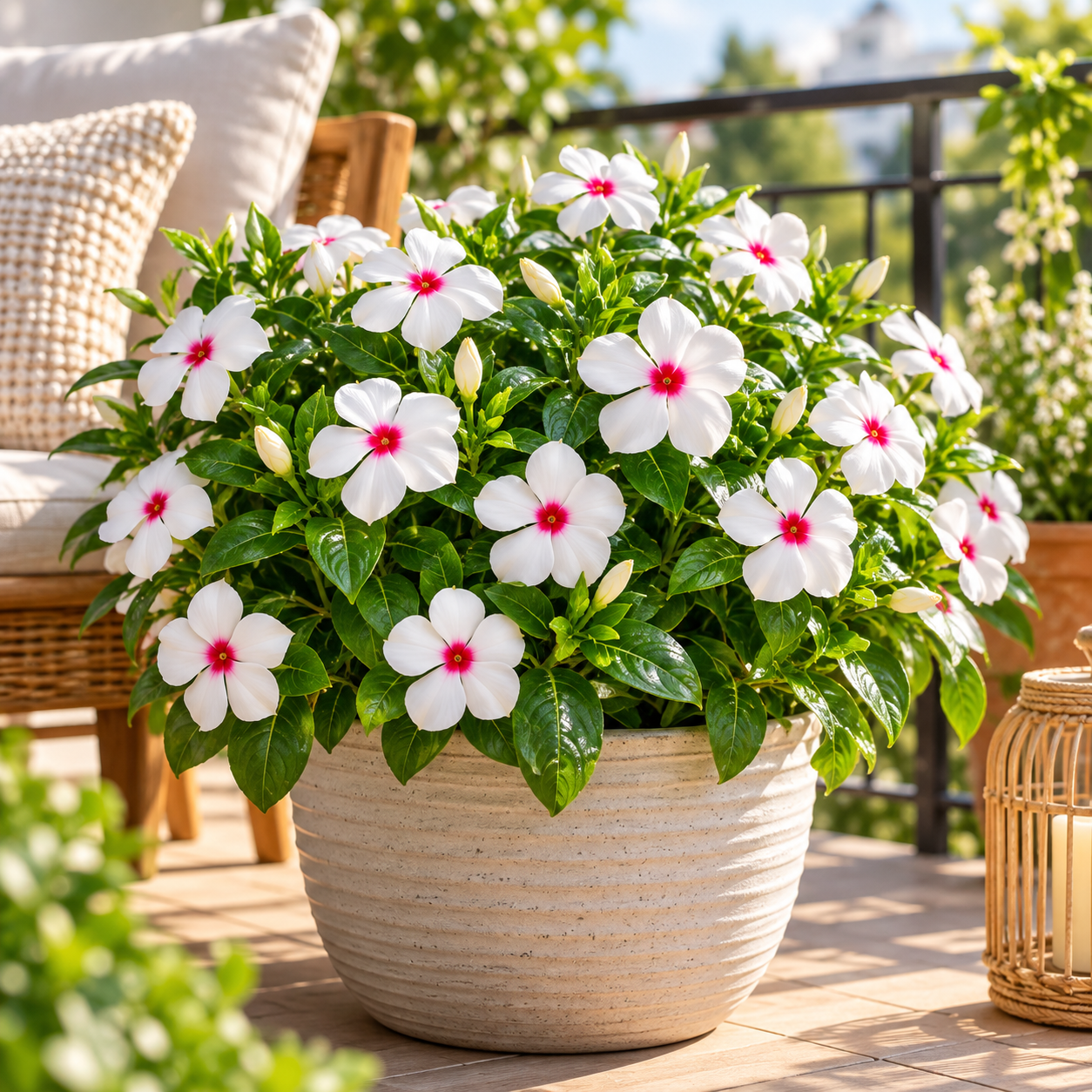 Vinca Dwarf Little Bright Eyes Catharanthus roseus plant with white five-petalled flowers and vivid rosy-red centres over glossy dark-green foliage – summer flower seeds Pakistan