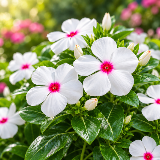 Vinca Dwarf Little Bright Eyes Catharanthus roseus plant with white five-petalled flowers and vivid rosy-red centres over glossy dark-green foliage – summer flower seeds Pakistan