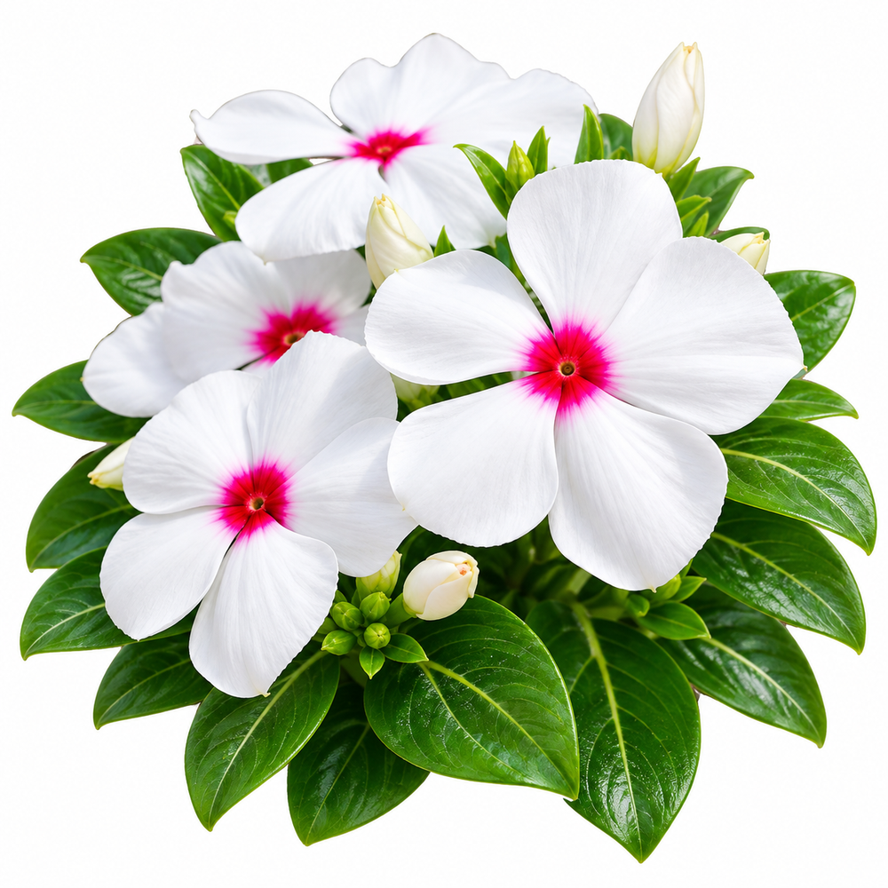 Vinca Dwarf Little Bright Eyes Catharanthus roseus plant with white five-petalled flowers and vivid rosy-red centres over glossy dark-green foliage – summer flower seeds Pakistan