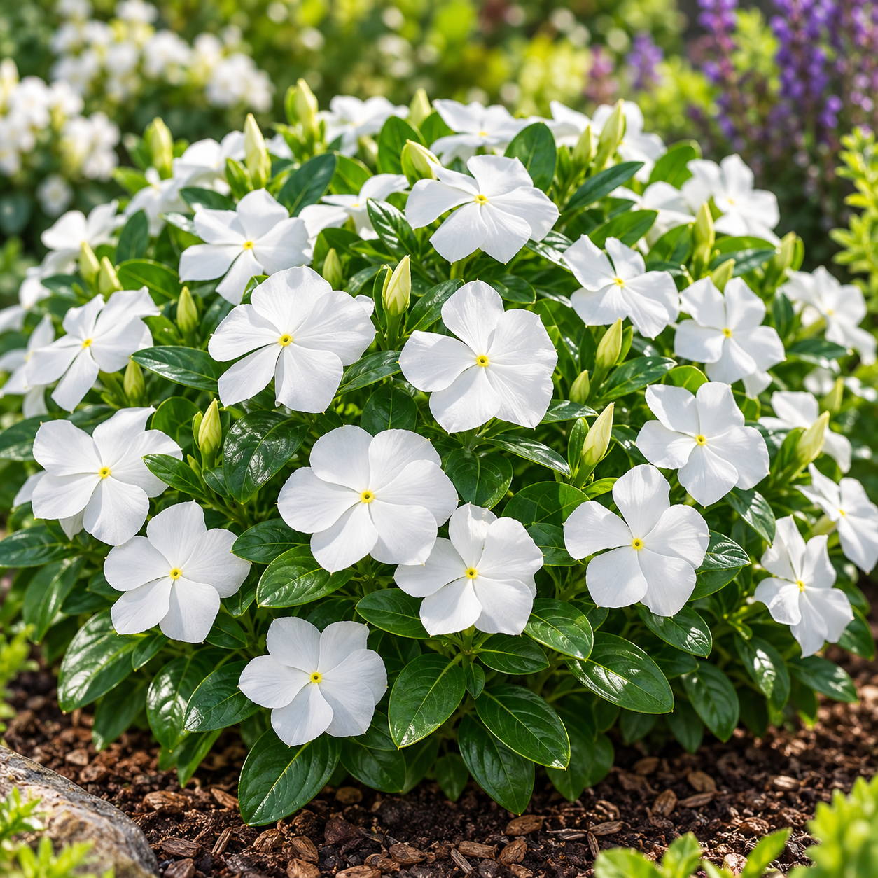 Vinca Nana Bianca Catharanthus roseus with compact white summer flowers – seeds for pots borders balconies and grow bags in Pakistan