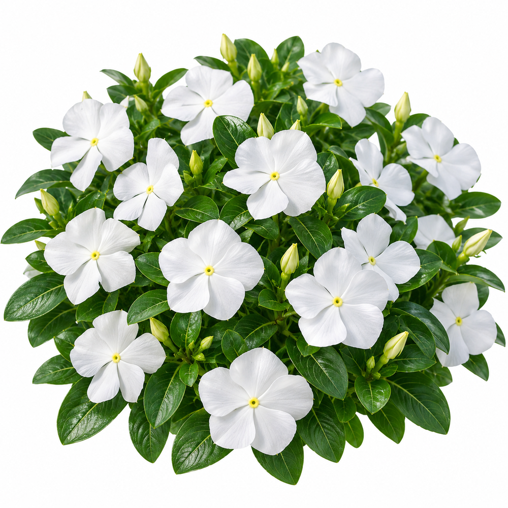 Vinca Nana Bianca Catharanthus roseus with compact white summer flowers – seeds for pots borders balconies and grow bags in Pakistan