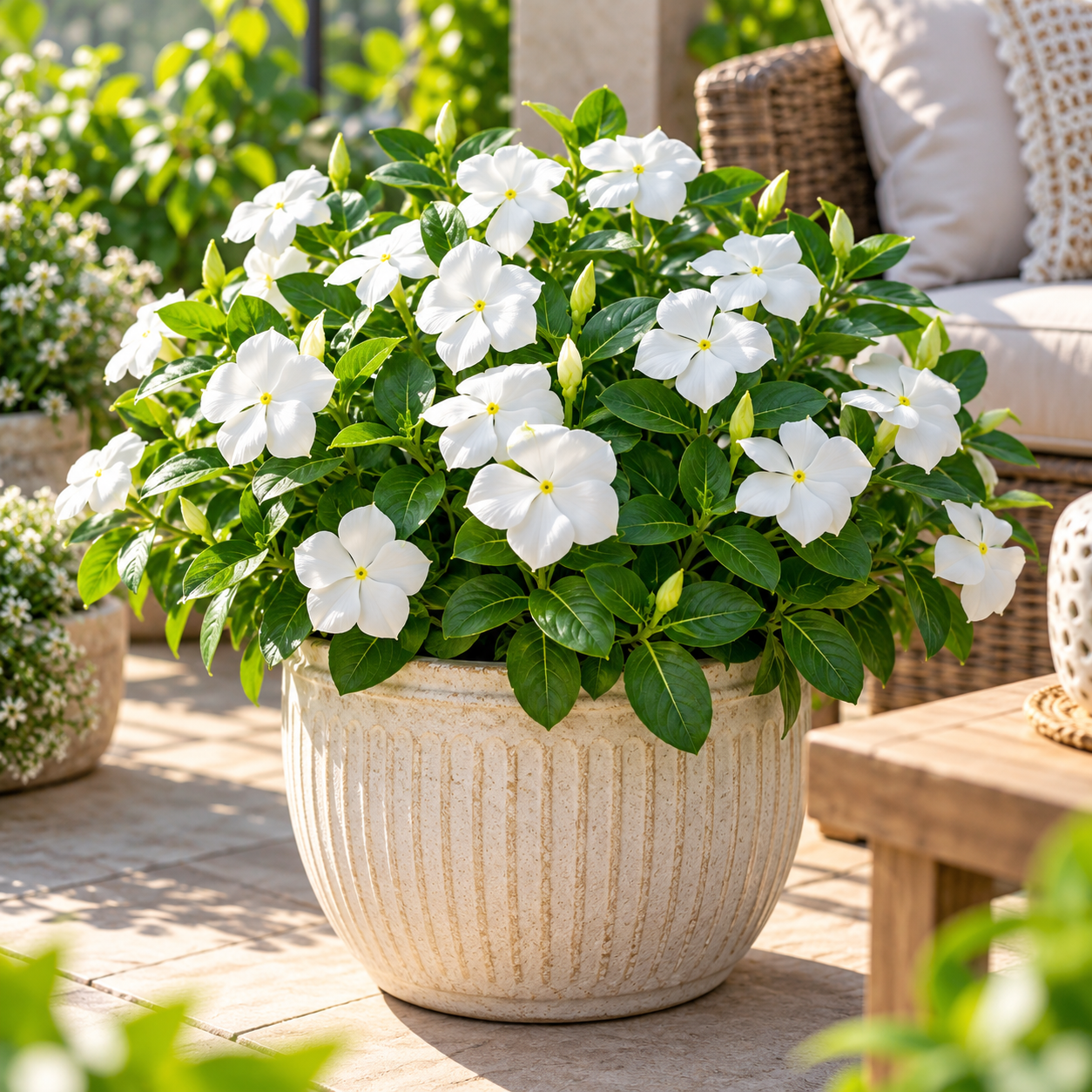 Vinca Nana Bianca Catharanthus roseus with compact white summer flowers – seeds for pots borders balconies and grow bags in Pakistan