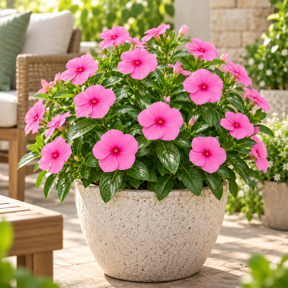 Vinca Rosea Nana Catharanthus roseus with compact rose-pink summer flowers – seeds for pots borders balconies and grow bags in Pakistan