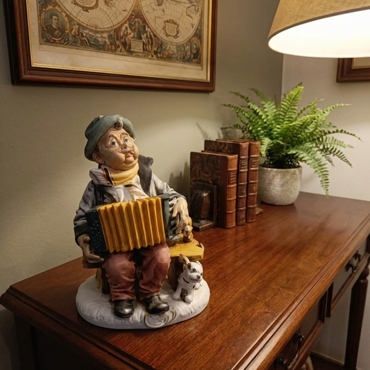 Vintage Ardco Style Accordion Playing Busker Hobo Tramp with His Dog Figurine