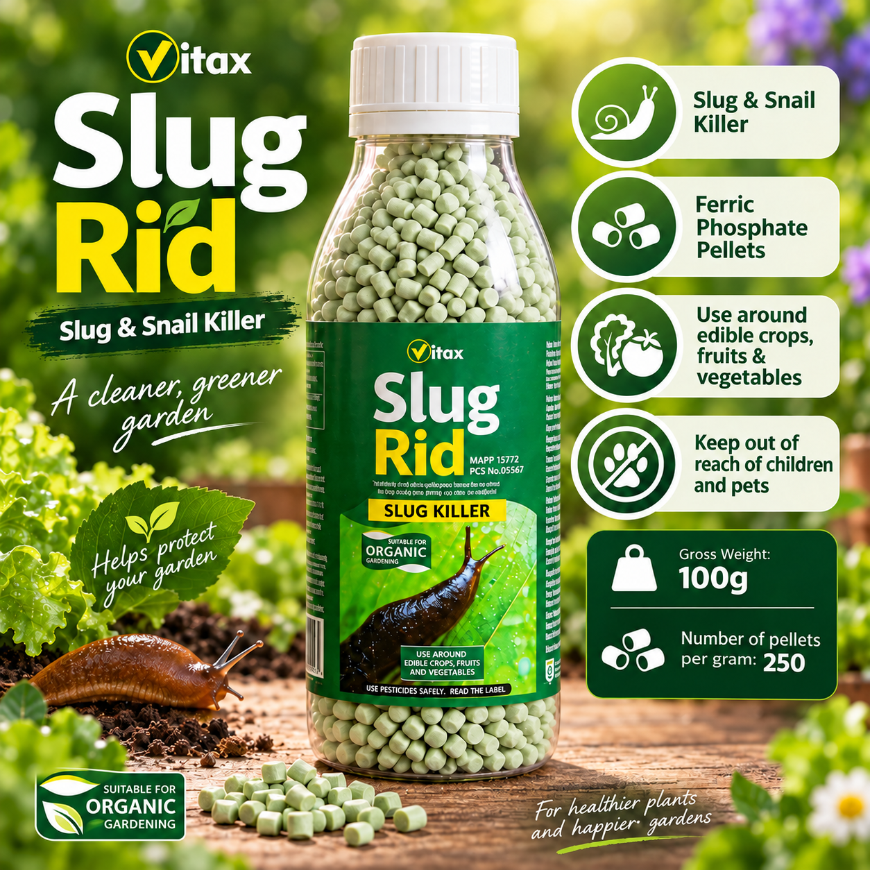 Vitax Slug Rid 100g Ferric Phosphate pellets with application and safety information