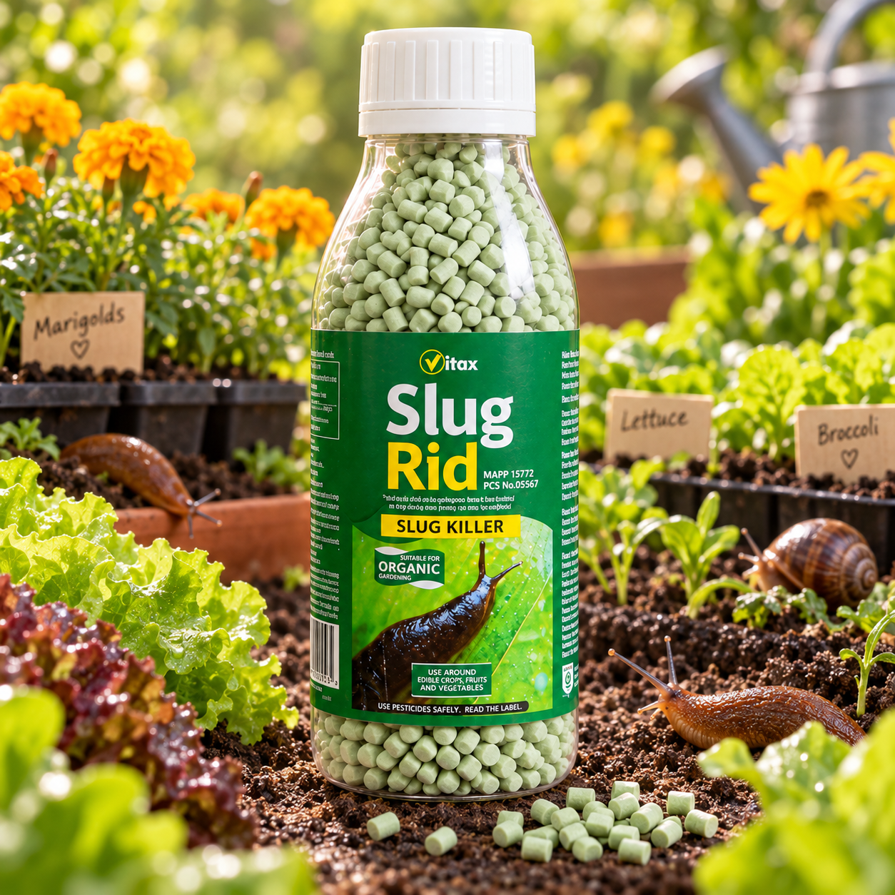Vitax Slug Rid slug and snail killer used in vegetable garden for plant protection