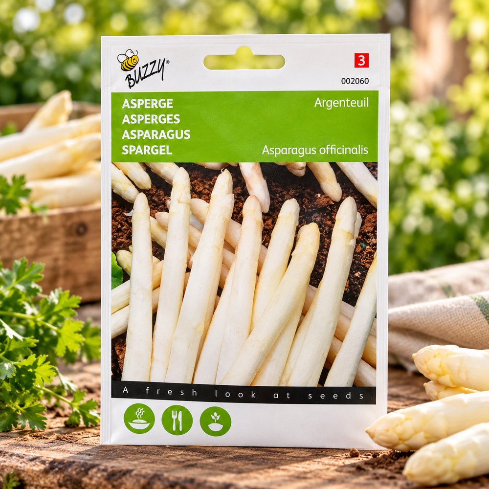 Argenteuil White Asparagus Seeds pack displayed alongside fresh, creamy-white asparagus spears against an attractive natural background.