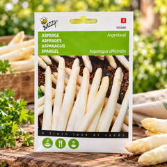 Argenteuil White Asparagus Seeds pack displayed alongside fresh, creamy-white asparagus spears against an attractive natural background.