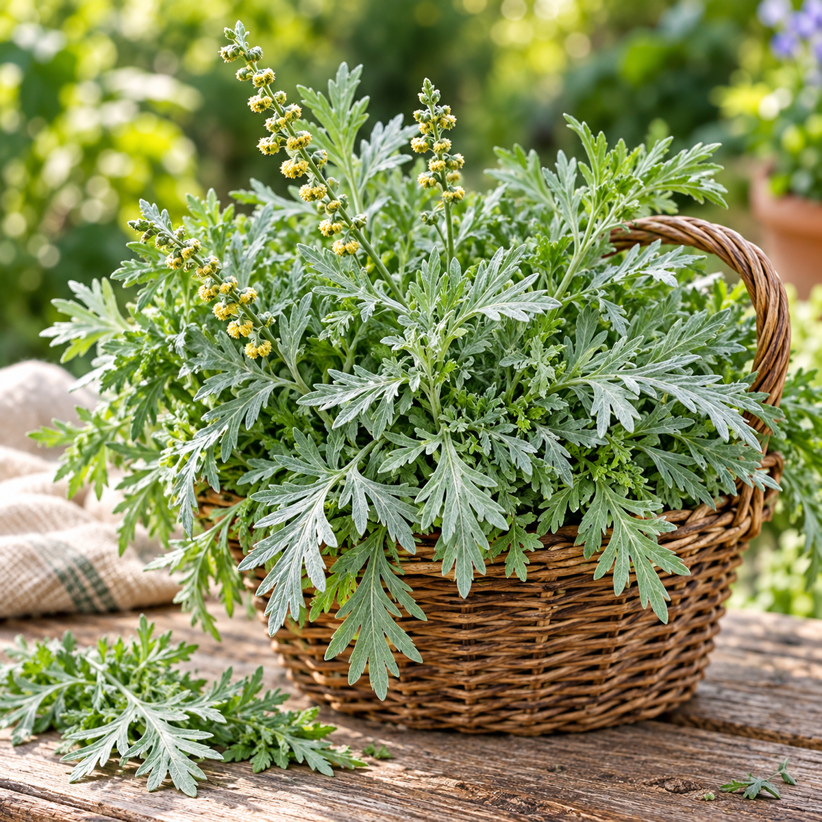 Healthy Wormwood Artemisia absinthium plant with finely divided aromatic silver-grey foliage – perennial herb seeds for home gardening in Pakistan
