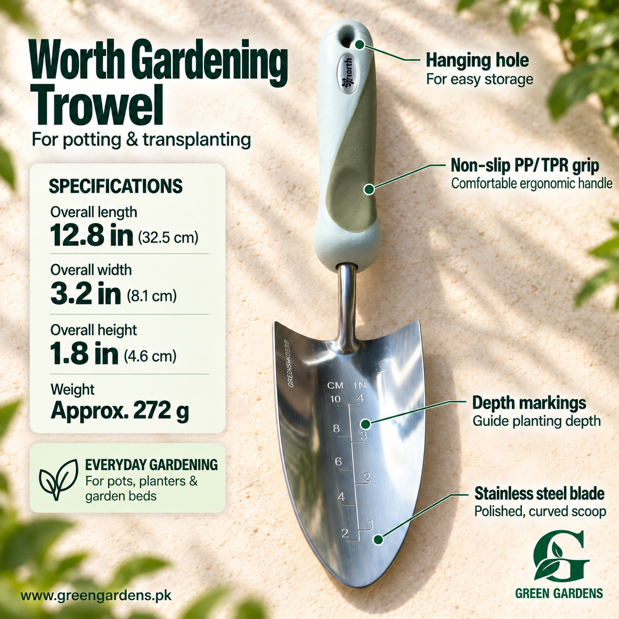 Worth Gardening Trowel | Stainless Steel with Non-Slip Handle