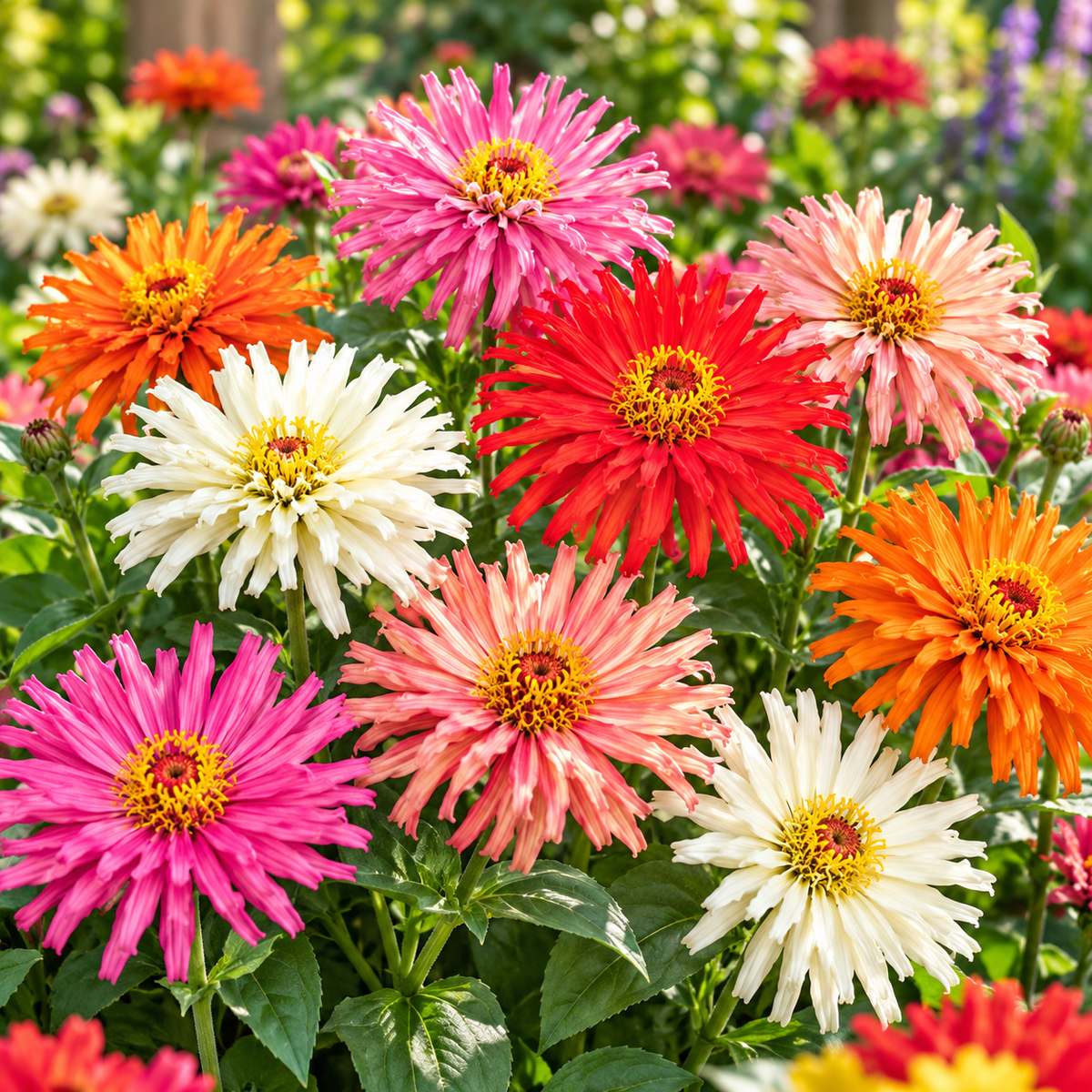 Zinnia Burpeeana Mix with large colourful chrysanthemum-flowered double blooms – summer flower seeds for beds cut flowers pots and grow bags in Pakistan