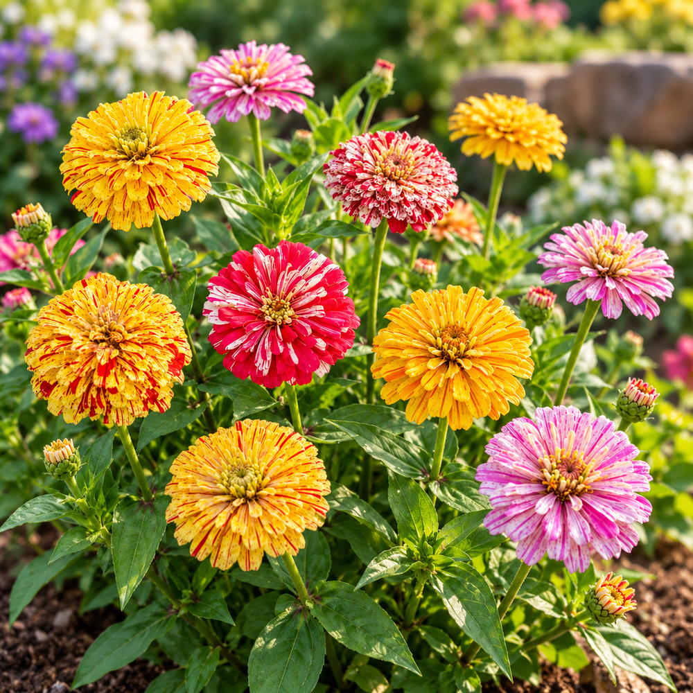 Zinnia Candy Stripe with colourful striped and splashed summer flowers – seeds for beds cut flowers pots and grow bags in Pakistan