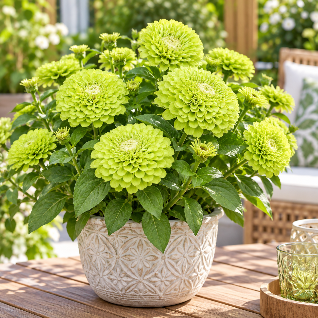 Zinnia Elegans Green with distinctive lime-green summer flowers – seeds for sunny beds cut flowers containers and grow bags in Pakistan
