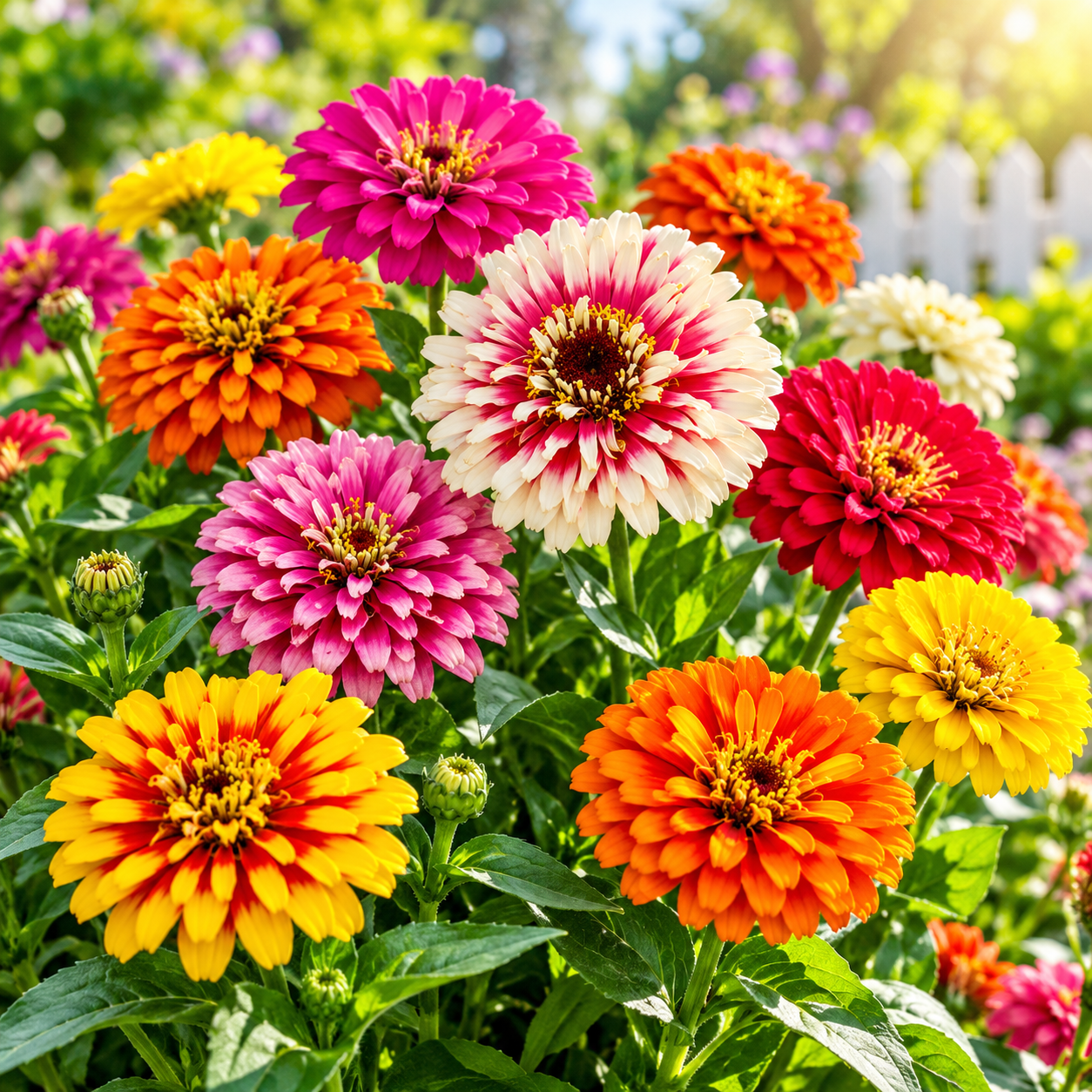 Zinnia Swirls Mixed flowers with colourful red yellow pink and white bicolour double and semi-double blooms growing on healthy branching plants – summer flower seeds Pakistan