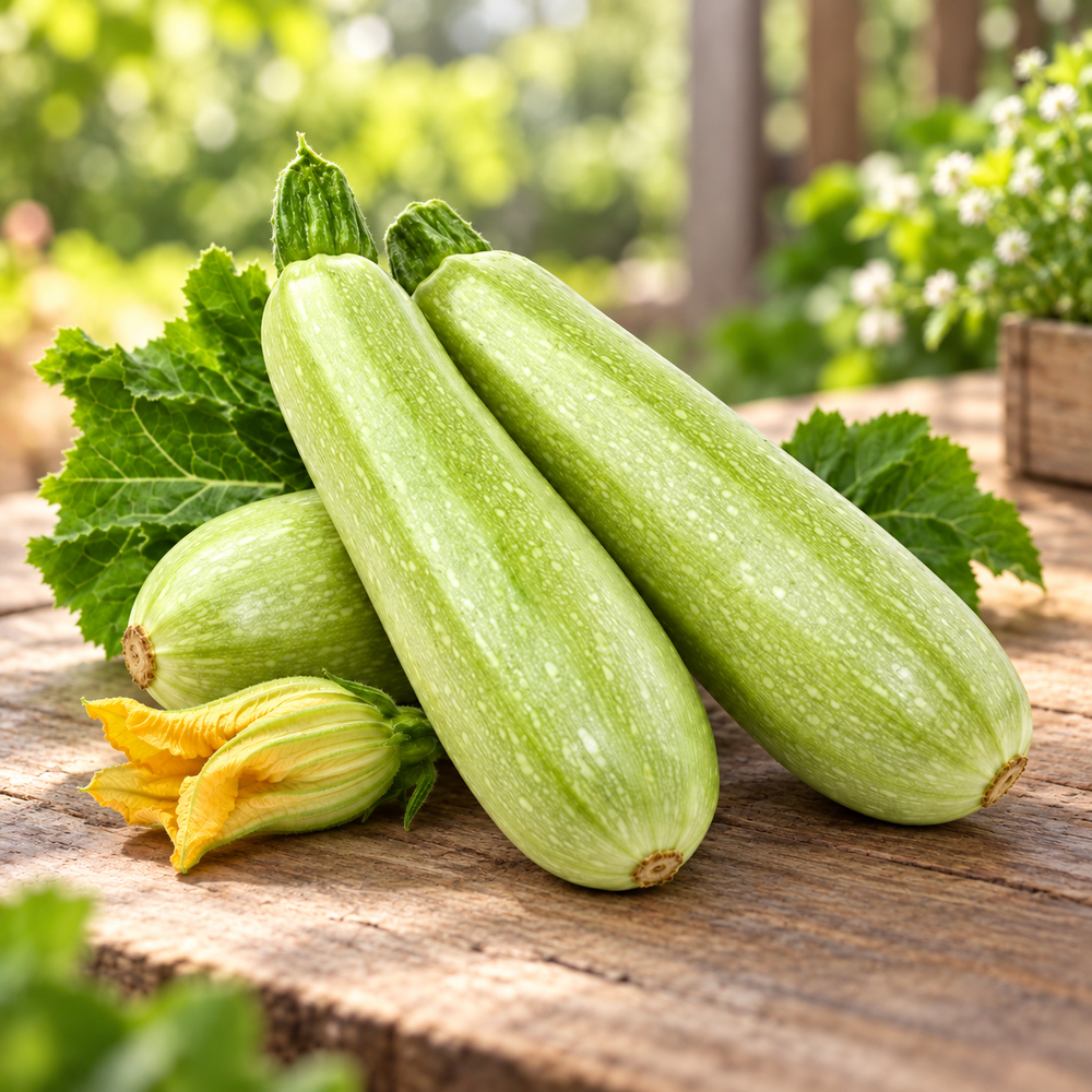Tender light-green Zucchini Squash growing on a healthy F1 Hybrid plant – Maro Kadu seeds for winter and summer kitchen gardening in Pakistan