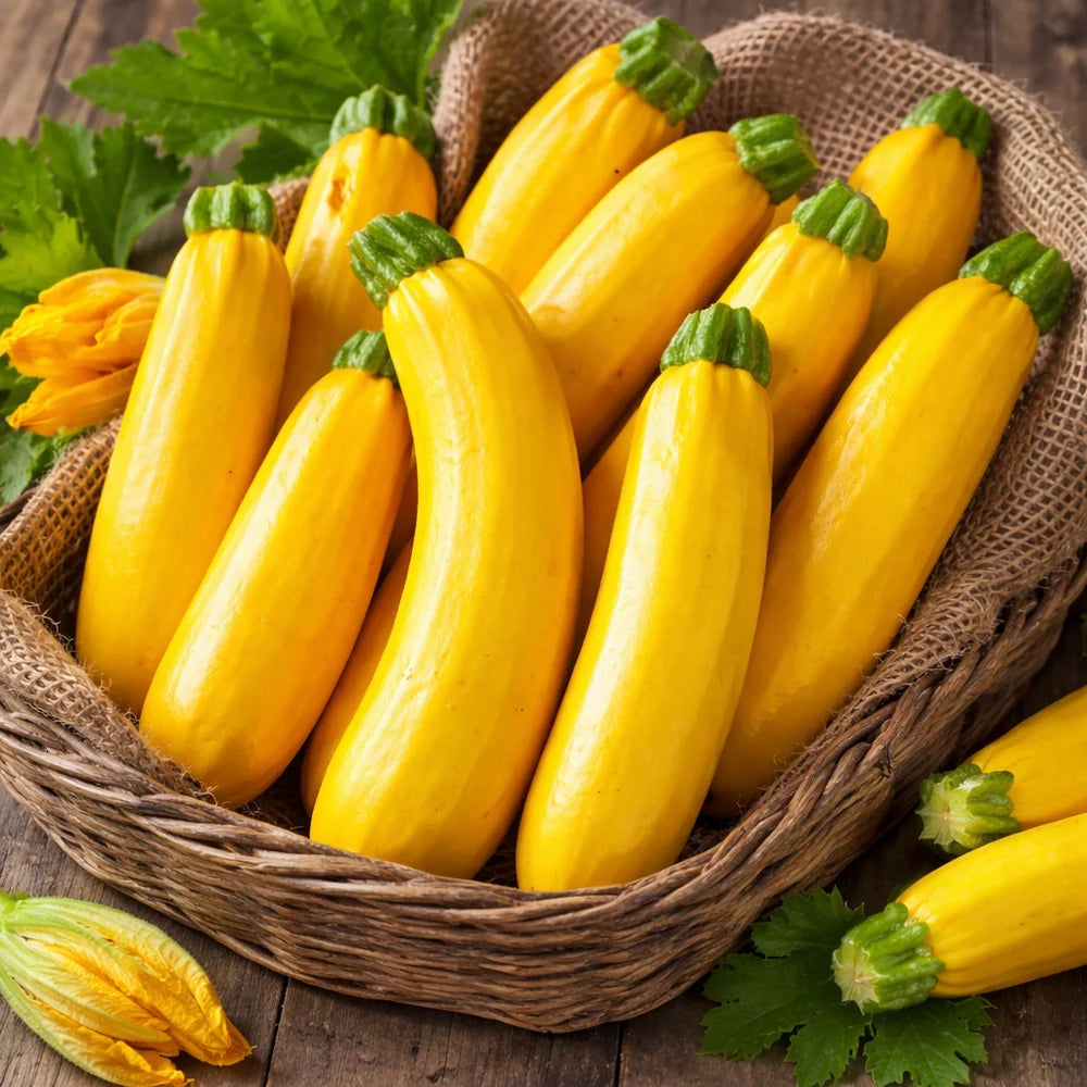 Healthy Golden Zucchini F1 Hybrid plant with smooth bright golden-yellow cylindrical fruits – zucchini seeds for home gardening in Pakistan