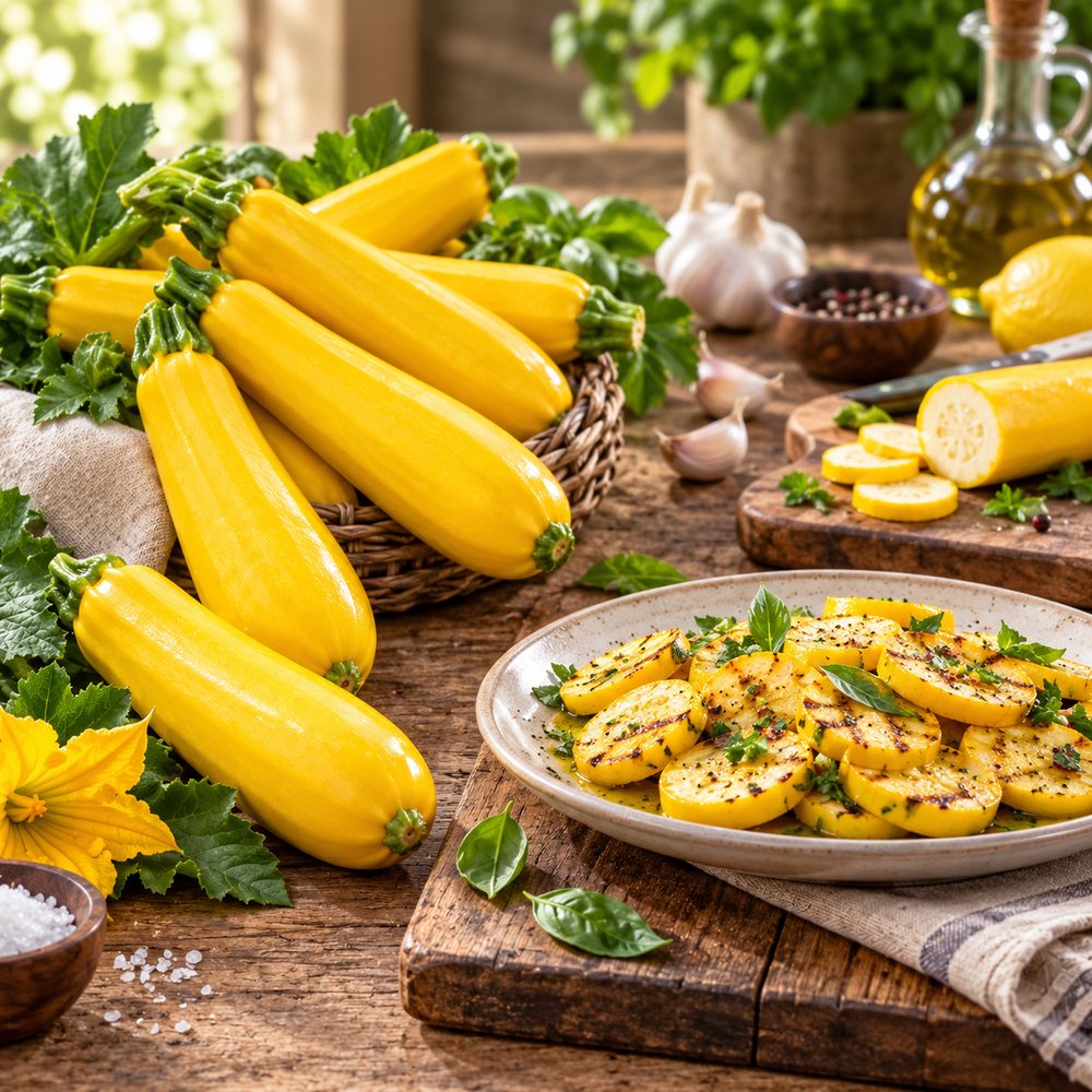 Healthy Golden Zucchini F1 Hybrid plant with smooth bright golden-yellow cylindrical fruits – zucchini seeds for home gardening in Pakistan