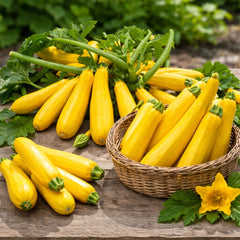 Healthy Golden Zucchini F1 Hybrid plant with smooth bright golden-yellow cylindrical fruits – zucchini seeds for home gardening in Pakistan