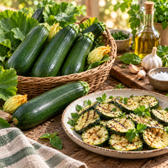 Healthy Dark Green Italian Zucchini plant with smooth cylindrical deep-green fruits – zucchini seeds for home gardening in Pakistan