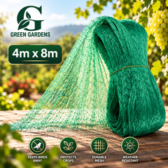 Green Gardens anti bird net 4m x 8m premium product hero showing green mesh roll