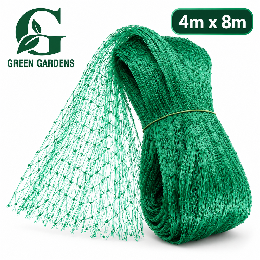 Green Gardens anti bird net 4m x 8m rolled green mesh on white background