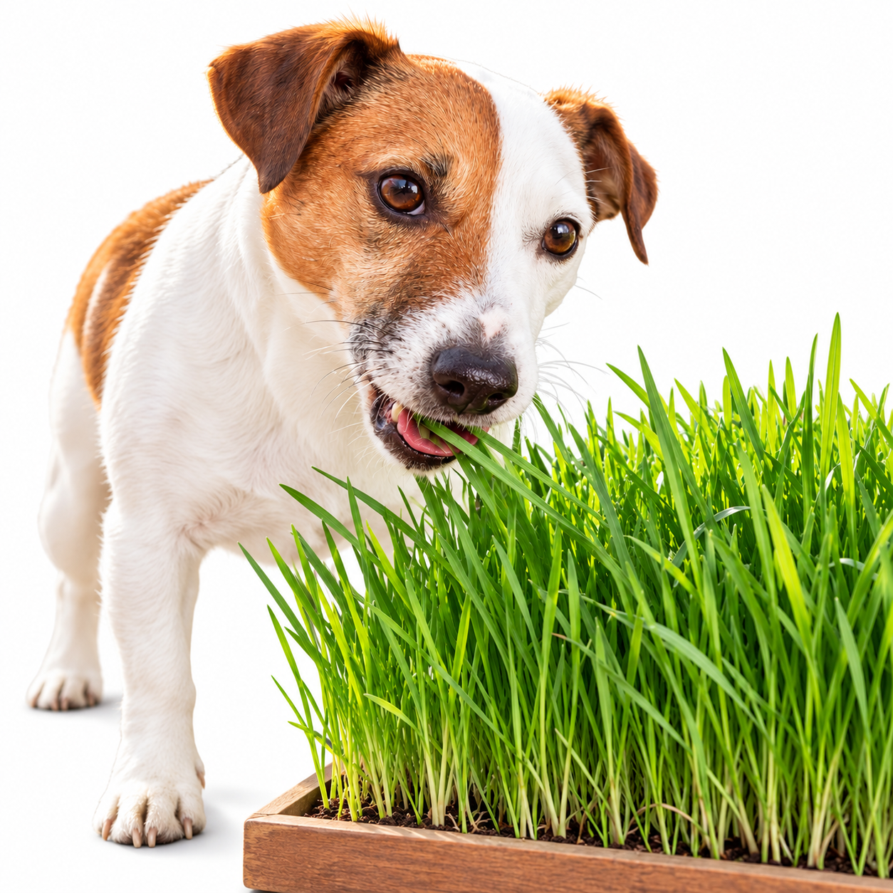 Dog eating fresh dog grass on pure white background for GREEN GARDENS sticker