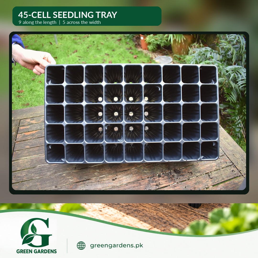 Black deep seedling starter tray with 45 individual planting cells and 5-inch cell depth