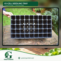 Black deep seedling starter tray with 45 individual planting cells and 5-inch cell depth