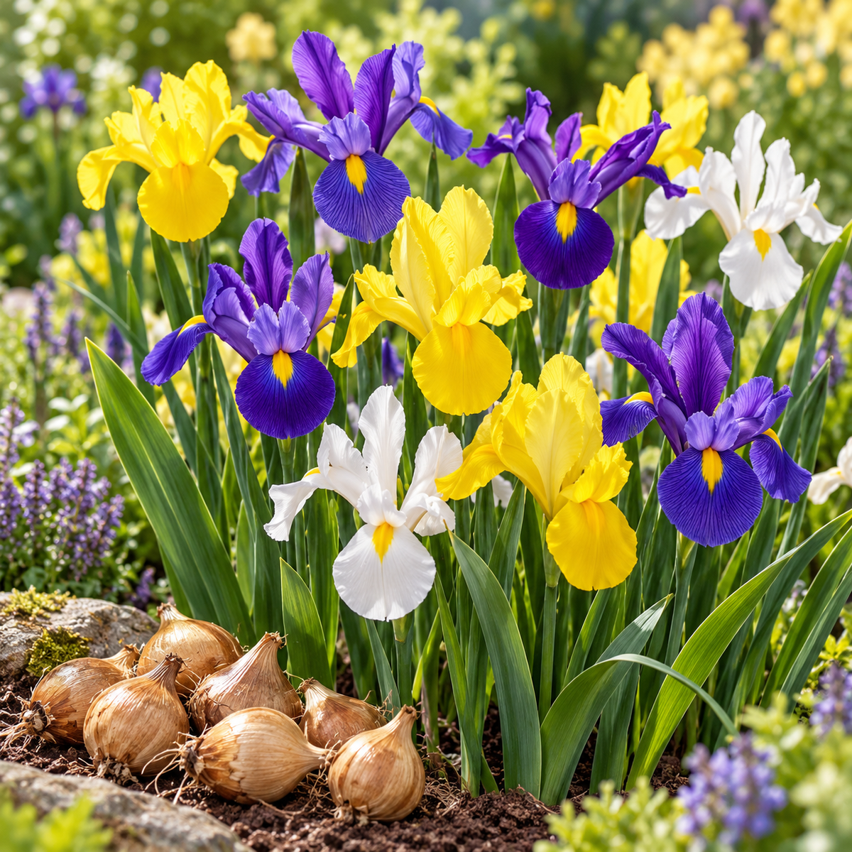 Dutch Iris Mix Colours purple white yellow flowers growing in garden with iris bulbs in foreground