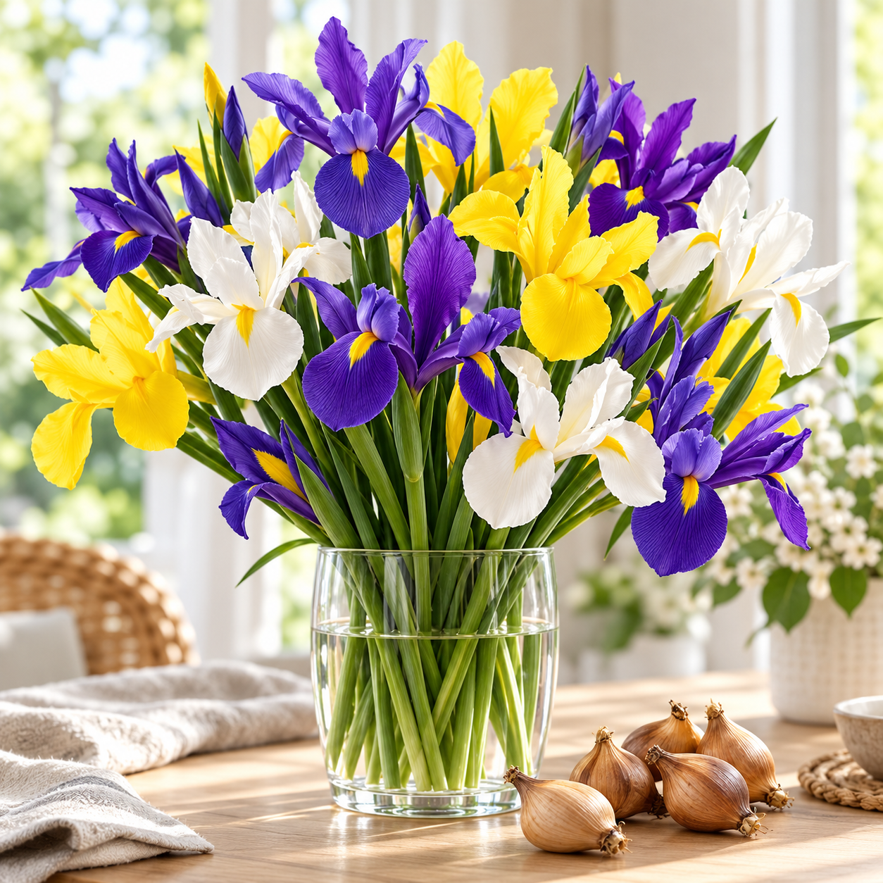 Dutch Iris purple yellow white flower bouquet in vase with real-looking iris bulbs on table