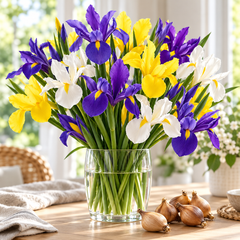 Dutch Iris purple yellow white flower bouquet in vase with real-looking iris bulbs on table
