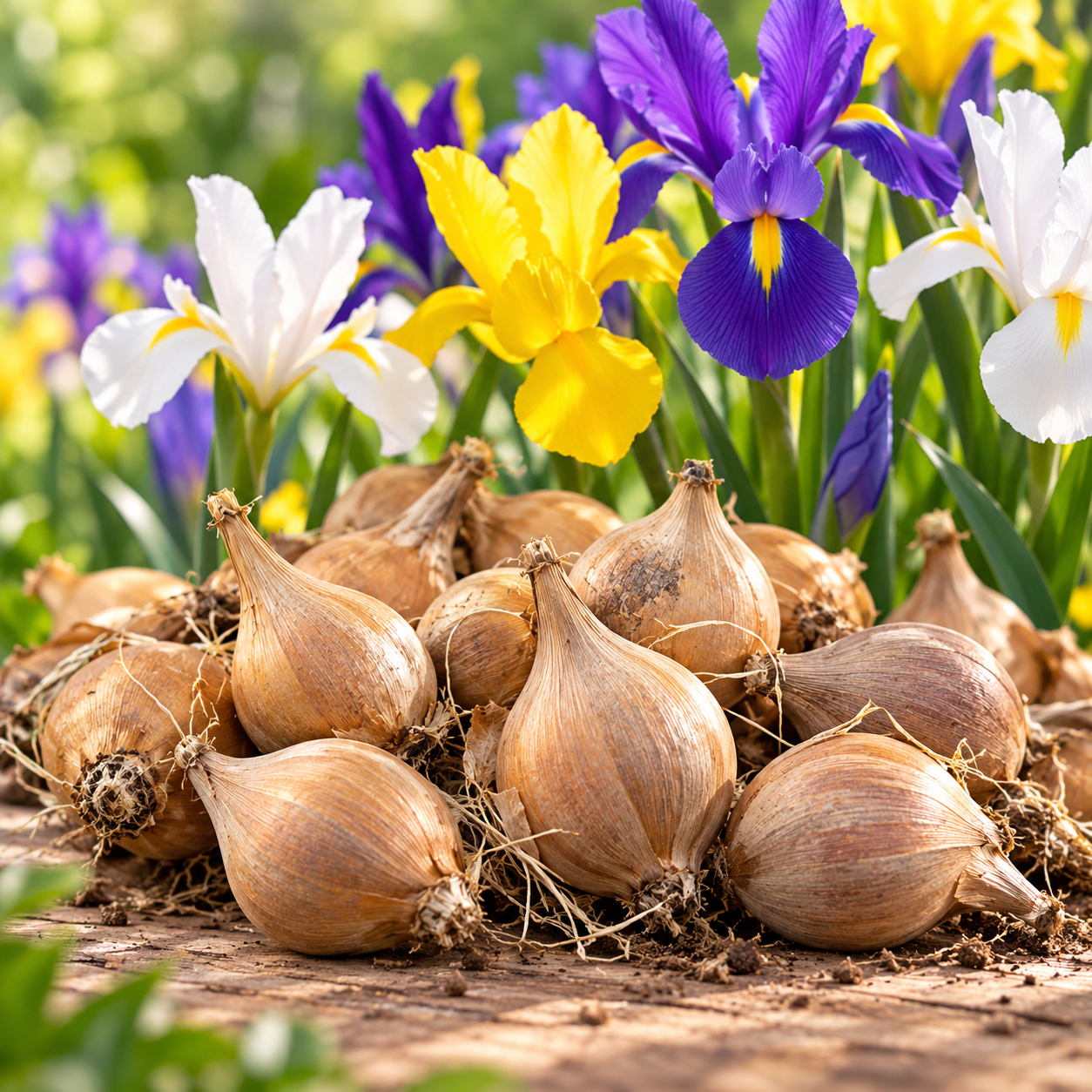 Dutch Iris Mix Colours bulbs with purple, yellow and white Dutch iris flowers – realistic bulb shape
